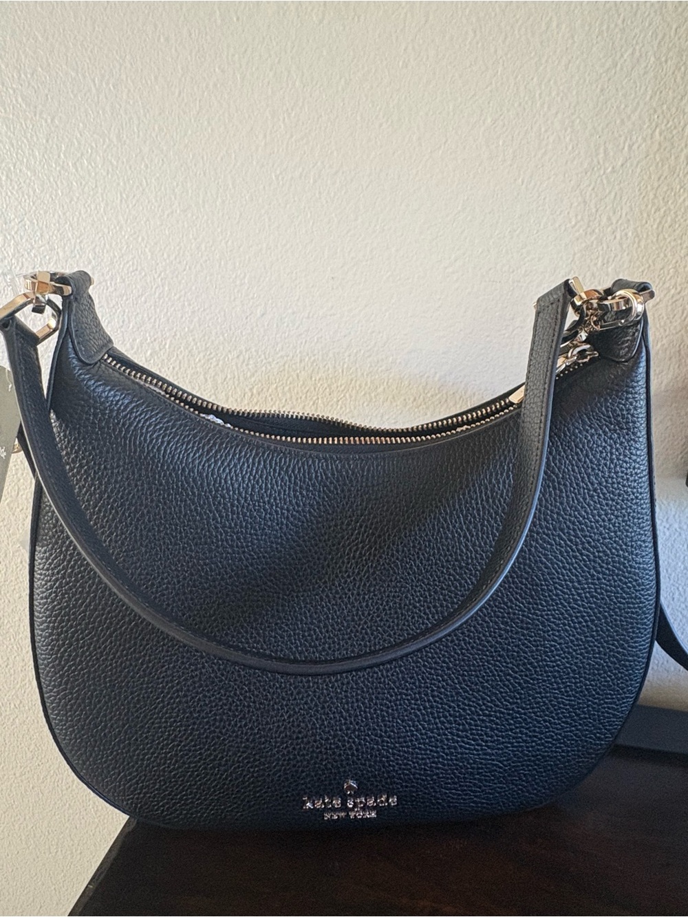 kate spade Black Pebbled Leather Crescent Shoulder Bag with Gold Hardware